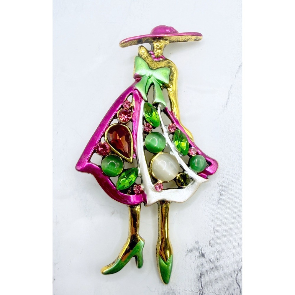 Colorful Fashion Lady Brooch Rhinestone Enamel Wide Brim Hat Pin 3.25"